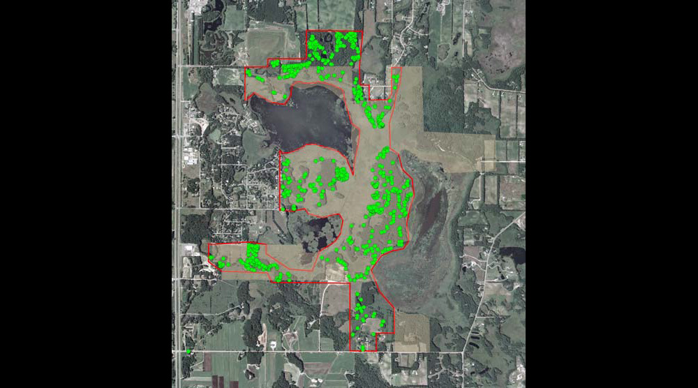 Map of the Sandhill Crane Natural Area Restoration project area indicating where crews treated buckthorn.
